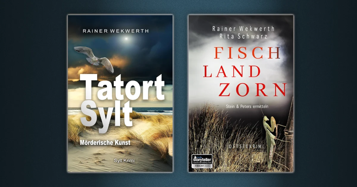 Titelbild zur News über die Veröffentlichungen meiner Romane „Tatort Sylt: Mörderische Kunst“ und „Fisch Land Zorn“, den ich zusammen mit Rita Schwarz geschrieben habe.